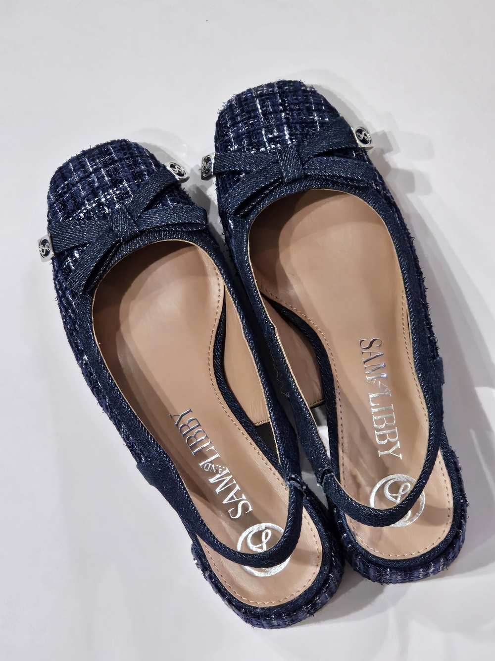 Navy Tweed Slingback Block Heel Pumps - Picture 10 of 10